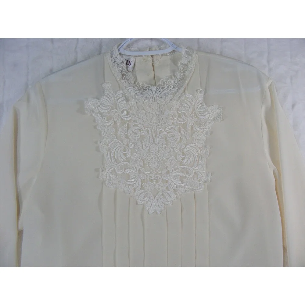 Essentials Worthington Blouse Womens 10 Cream Excellent Lace Bib Pintuck Pleat
